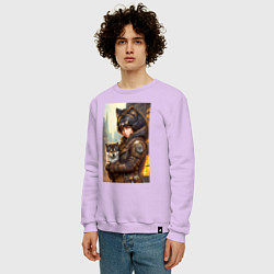 Свитшот хлопковый мужской Девчонка фурри с волчонком - стимпанк - нейросеть, цвет: лаванда — фото 2