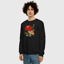 Свитшот хлопковый мужской Красные хризантемы, цвет: черный — фото 2