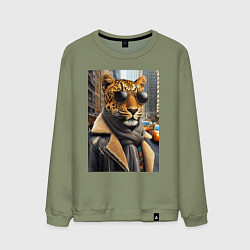 Свитшот хлопковый мужской Леопард модник - Нью-Йорк - нейросеть, цвет: авокадо