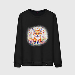 Мужской свитшот Милый большеухий лисенок сидит в цветах