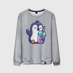 Свитшот хлопковый мужской Пингвин с напитком, цвет: меланж