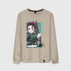 Свитшот хлопковый мужской Клинок рассекающий демонов Тандзиро зеленый, цвет: миндальный