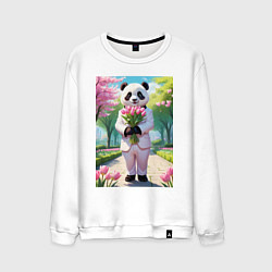 Свитшот хлопковый мужской Панда с букетом тюльпанов, цвет: белый