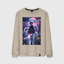 Мужской свитшот Девушка с катаной на фоне цветущей сакуры