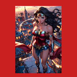 Свитшот хлопковый мужской Чудо-женщина на крыше с городским фоном в стиле ко, цвет: красный — фото 2