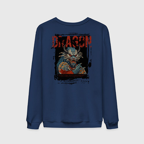 Мужской свитшот Самурай с драконами в стиле ирезуми / Тёмно-синий – фото 2