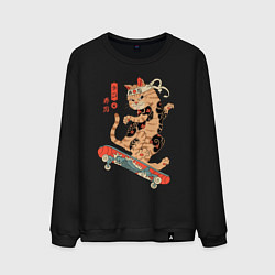 Свитшот хлопковый мужской Кот самурай - скейтбордист, цвет: черный