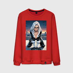 Свитшот хлопковый мужской Черная кошка на крыше небоскреба, цвет: красный