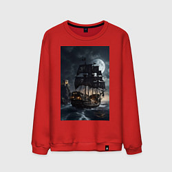 Свитшот хлопковый мужской Пиратский корабль в шторм, цвет: красный