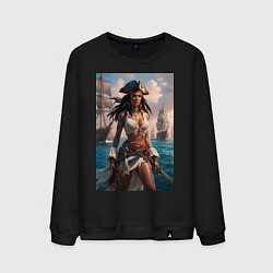 Свитшот хлопковый мужской Пиратка на фона флотилии кораблей, цвет: черный