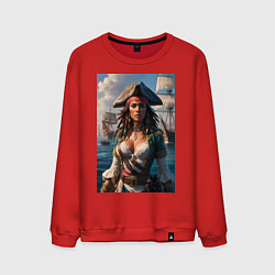Свитшот хлопковый мужской Пиратка на фона флотилии кораблей, цвет: красный