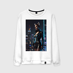 Свитшот хлопковый мужской Девушка с кошачьими ушами стоит на фоне небоскребо, цвет: белый