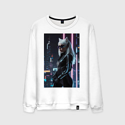 Свитшот хлопковый мужской Девушка с кошачьими ушами стоит на фоне небоскребо, цвет: белый