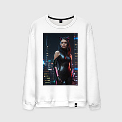 Свитшот хлопковый мужской Девушка с кошачьими ушами стоит на фоне небоскребо, цвет: белый