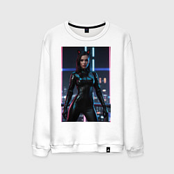 Свитшот хлопковый мужской Девушка с кошачьими ушами стоит на фоне небоскребо, цвет: белый