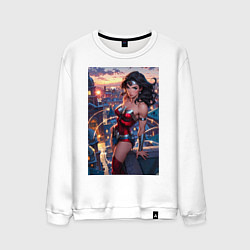 Свитшот хлопковый мужской Чудо-женщина с городским фоном в стиле комиксов, цвет: белый