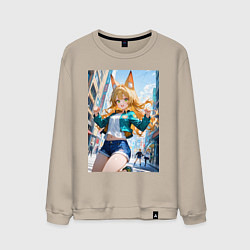 Свитшот хлопковый мужской Позитивная лисичка поднимающая настроение, цвет: миндальный