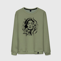 Свитшот хлопковый мужской Лицо девушки в цветах, цвет: авокадо