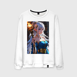 Свитшот хлопковый мужской Прекрасная эльфийка-маг с шаром огня, цвет: белый