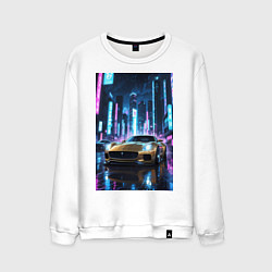 Свитшот хлопковый мужской Суперкар едет среди небоскребов, цвет: белый