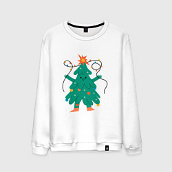 Свитшот хлопковый мужской Новогодняя елка с ногами, цвет: белый