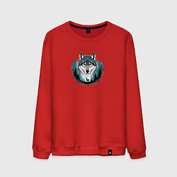 Свитшот хлопковый мужской Голова волка над лесом и силуэт оленя, цвет: красный