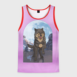 Майка-безрукавка мужская Волк оборотень в полнолуние, лиловое небо, цвет: 3D-красный