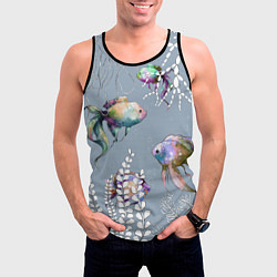 Майка-безрукавка мужская Разноцветные акварельные рыбки и белые водоросли, цвет: 3D-черный — фото 2