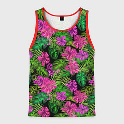 Майка-безрукавка мужская Тропические листья и цветы на черном фоне, цвет: 3D-красный