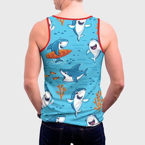 Мужская майка без рукавов Прикольные акулята - паттерн / 3D-Красный – фото 4