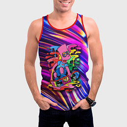 Майка-безрукавка мужская Скейтбордист Барт Симпсон на фоне разноцветных кля, цвет: 3D-красный — фото 2