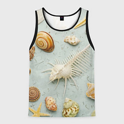 Майка-безрукавка мужская Океанские ракушки и морские звёзды на песке, цвет: 3D-черный