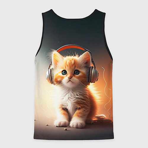 Мужская майка без рукавов Милый рыжий котёнок в наушниках / 3D-Черный – фото 2
