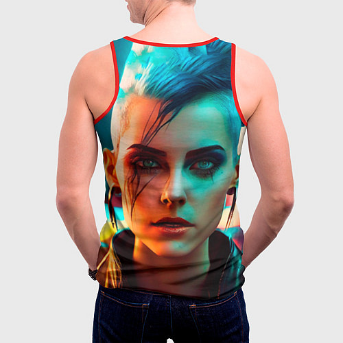 Мужская майка без рукавов Нейросеть - девушка в стиле киберпанк / 3D-Красный – фото 4