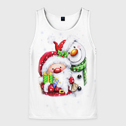 Майка-безрукавка мужская Дед Мороз и снеговик с подарками, цвет: 3D-белый