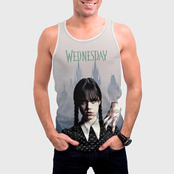 Майка-безрукавка мужская Уэнсдей Аддамс и рука на фоне замка, цвет: 3D-белый — фото 2