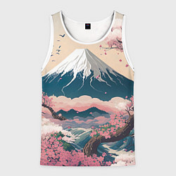 Майка-безрукавка мужская Японский пейзаж: цветение сакуры у горы Фудзияма, цвет: 3D-белый