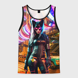 Майка-безрукавка мужская Девчонка-кошка в ночном городе - киберпанк, цвет: 3D-черный
