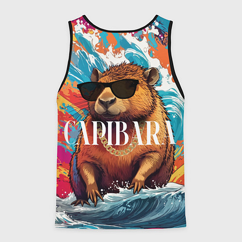 Мужская майка без рукавов Капибара в очках на красочных волнах / 3D-Черный – фото 2
