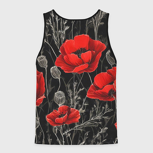 Мужская майка без рукавов Красные маки на темном фоне / 3D-Черный – фото 2