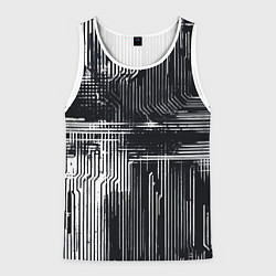 Майка-безрукавка мужская Белые полосы на чёрном фоне киберпанк, цвет: 3D-белый