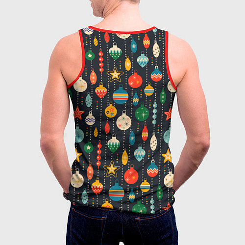 Мужская майка без рукавов Новогодние ёлочные игрушки на черном фоне / 3D-Красный – фото 4