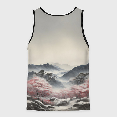 Мужская майка без рукавов Высокое дерево и гора Фудзияма / 3D-Черный – фото 2