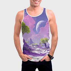 Майка-безрукавка мужская Фиолетовые горы зеленые деревья и космос, цвет: 3D-белый — фото 2