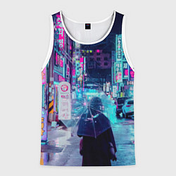 Майка-безрукавка мужская Дождливый неоновый вечер в Японии, цвет: 3D-белый