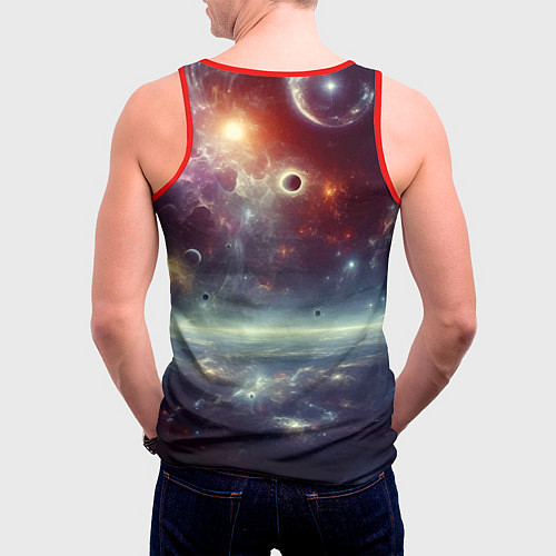 Мужская майка без рукавов Звёздная космическая пантера - нейросеть неоновое / 3D-Красный – фото 4