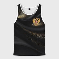 Майка-безрукавка мужская Золотой герб России на черно-золотой текстуре, цвет: 3D-белый