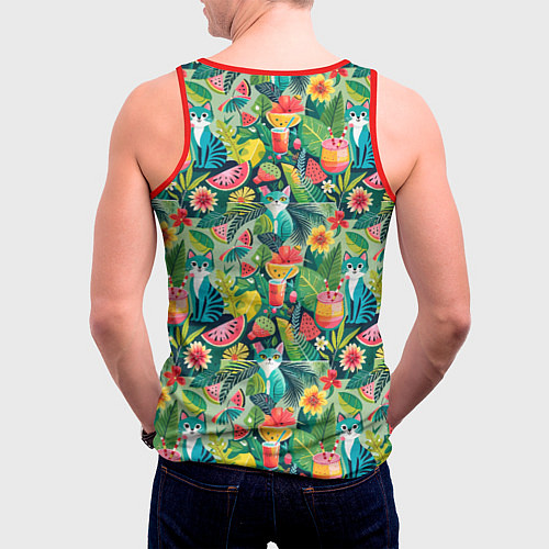 Мужская майка без рукавов Летние тропические котики с арбузным коктейлем / 3D-Красный – фото 4