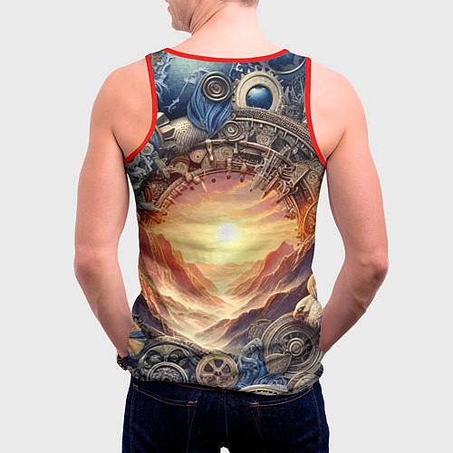 Мужская майка без рукавов Закат солнца в горах - стимпанк коллаж / 3D-Красный – фото 4