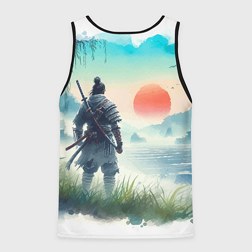 Мужская майка без рукавов Японский самурай на берегу горного озера / 3D-Черный – фото 2